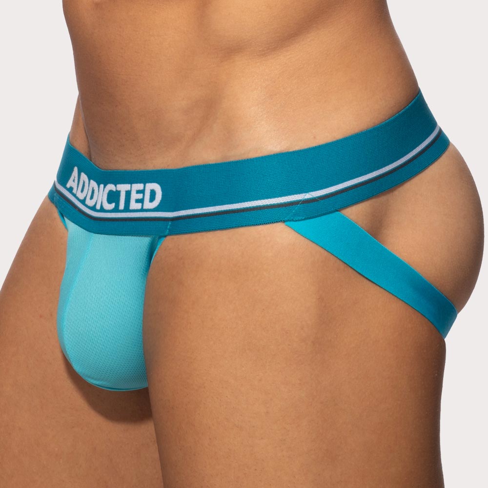 Addicted Basic Jock AD2323 - sportlicher Herren Jockstrap aus atmungsaktivem Micro Mesh Fabrikat in türkis, side