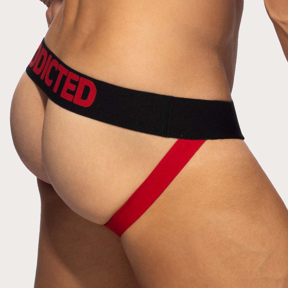 Addicted Fetish Cotton Jock – Herren Jockstrap aus weicher Baumwolle im Low-Rise Fit in schwarz-rot, back