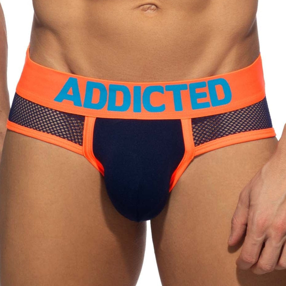 Addicted Neon Mesh Brief - auffälliger Männer Slip mit Mesh Elementen, navy-orange, front