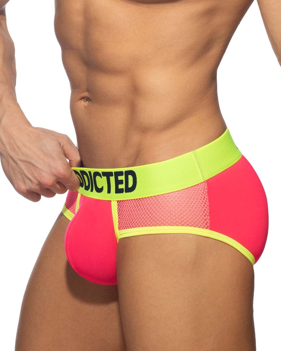 Addicted Neon Mesh Brief - auffälliger Männer Slip mit Mesh Elementen, neonpink-gelb
