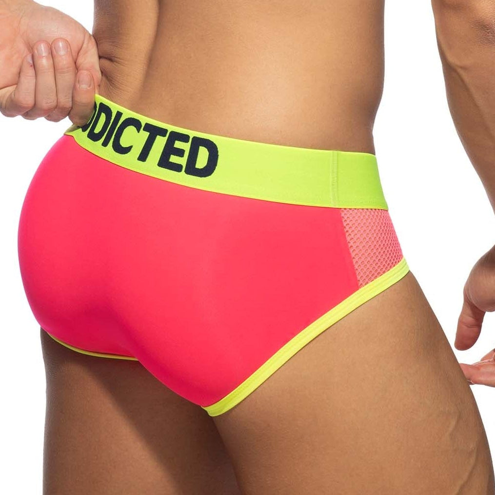 Addicted Neon Mesh Brief - auffälliger Männer Slip mit Mesh Elementen, neonpink-gelb, back