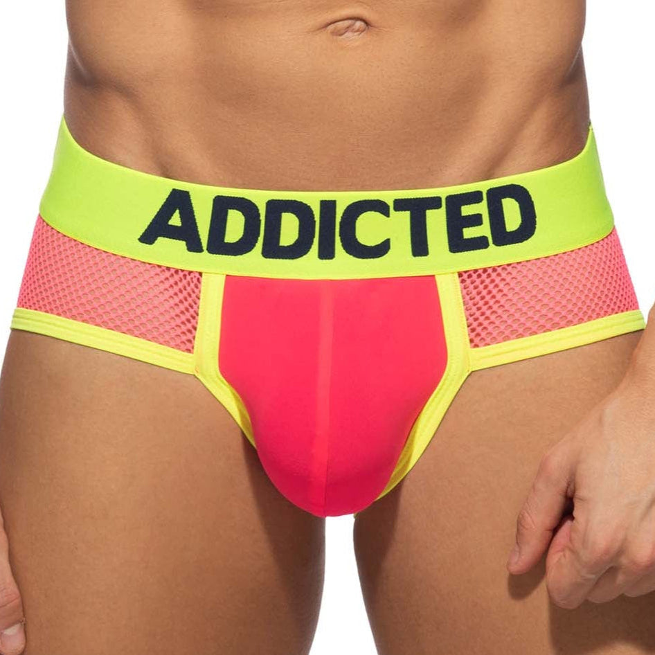 Addicted Neon Mesh Brief - auffälliger Männer Slip mit Mesh Elementen, neonpink-gelb, front