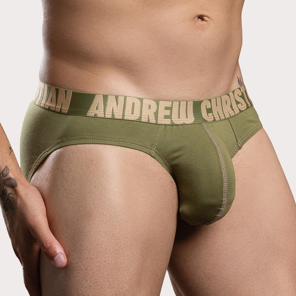 Andrew Christian Happy Cotton Brief - figurbetonter Herren Slip mit Almost Naked Pouch in khaki, side