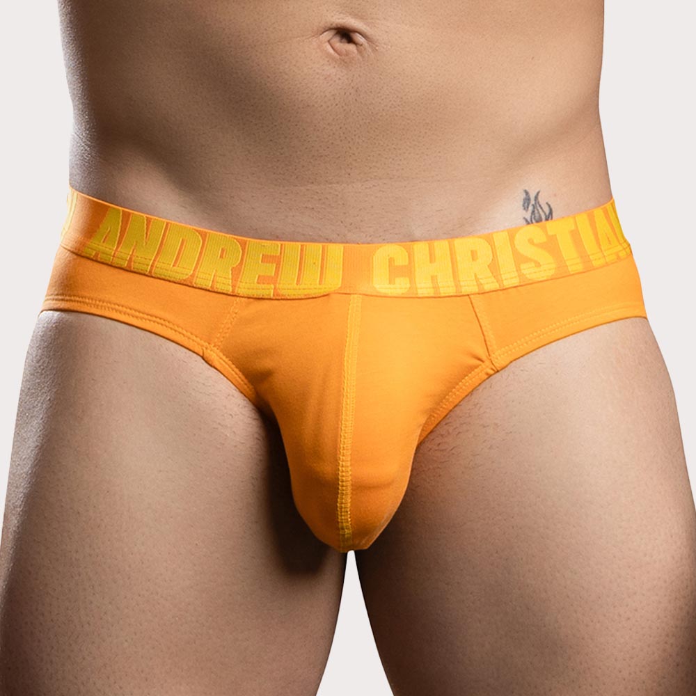 Andrew Christian Happy Cotton Brief - figurbetonter Männer Slip mit Almost Naked Pouch in orange