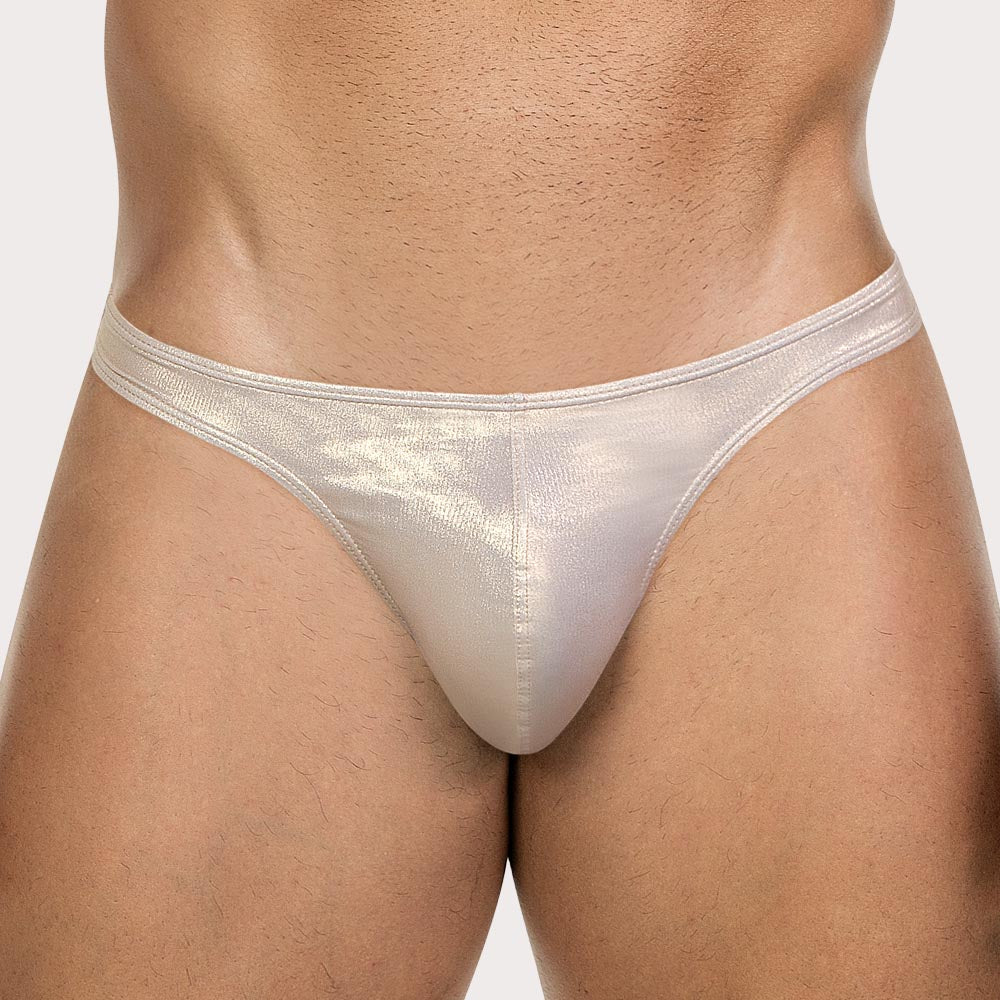 Clever Nemesis Thong - Herren String-Tanga mit metallisch goldenem Glanzeffekt und ergonomischem Pouch