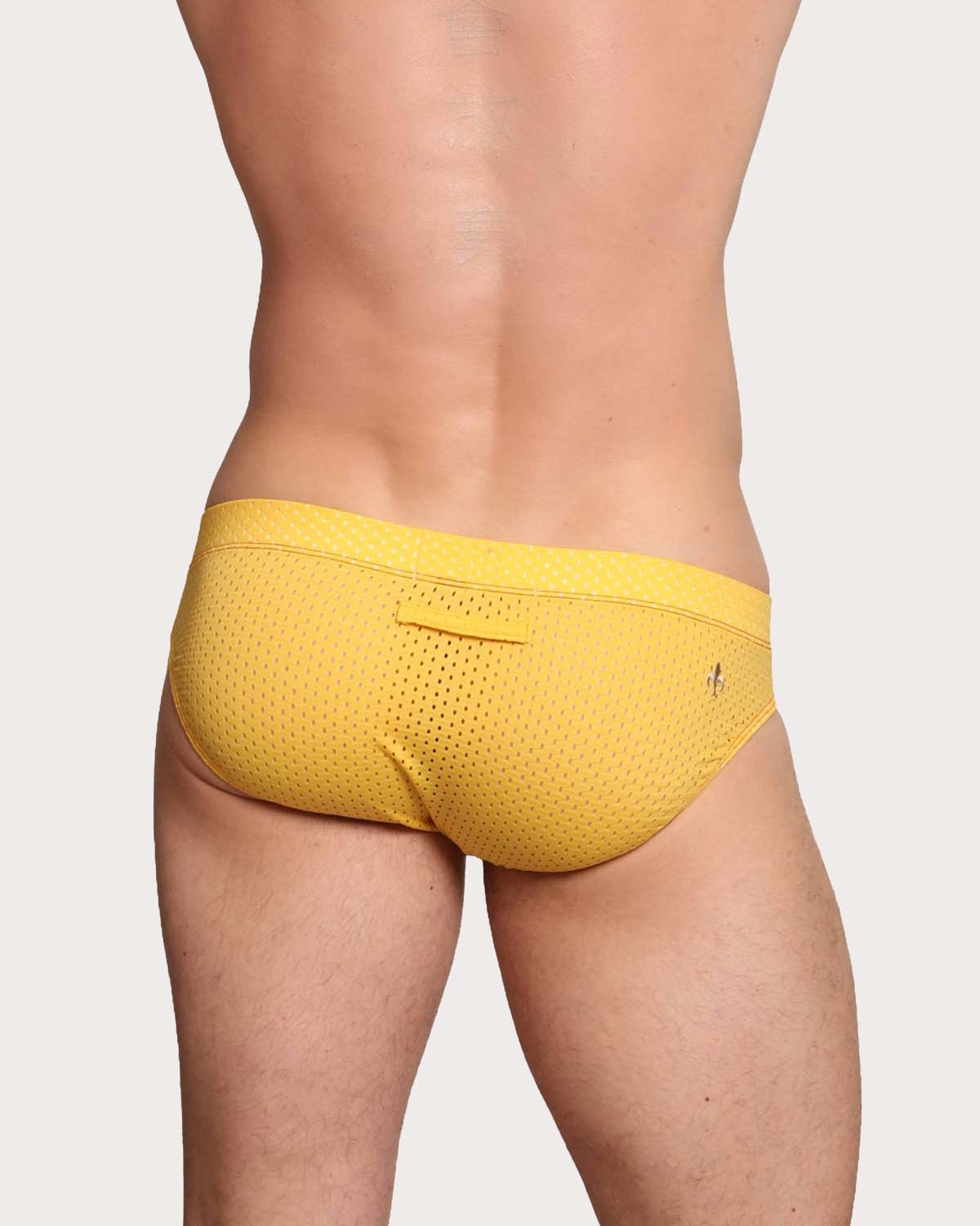 Marcuse Bussine Brief - Männer Slip aus atmungsaktivem Mesh mit herausnehmbarer Push-Up Einlage in gelb, back