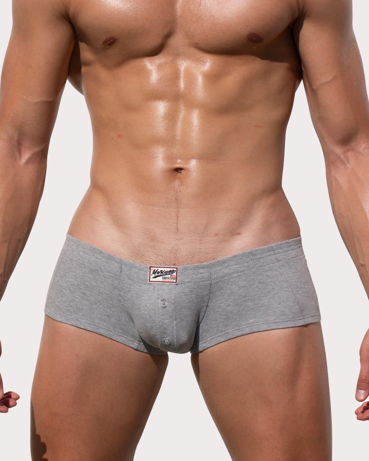 Marcuse Waterboy Boxer - sexy Low-Rise Mini Pants mit Knopf-Eingriff, grau, front