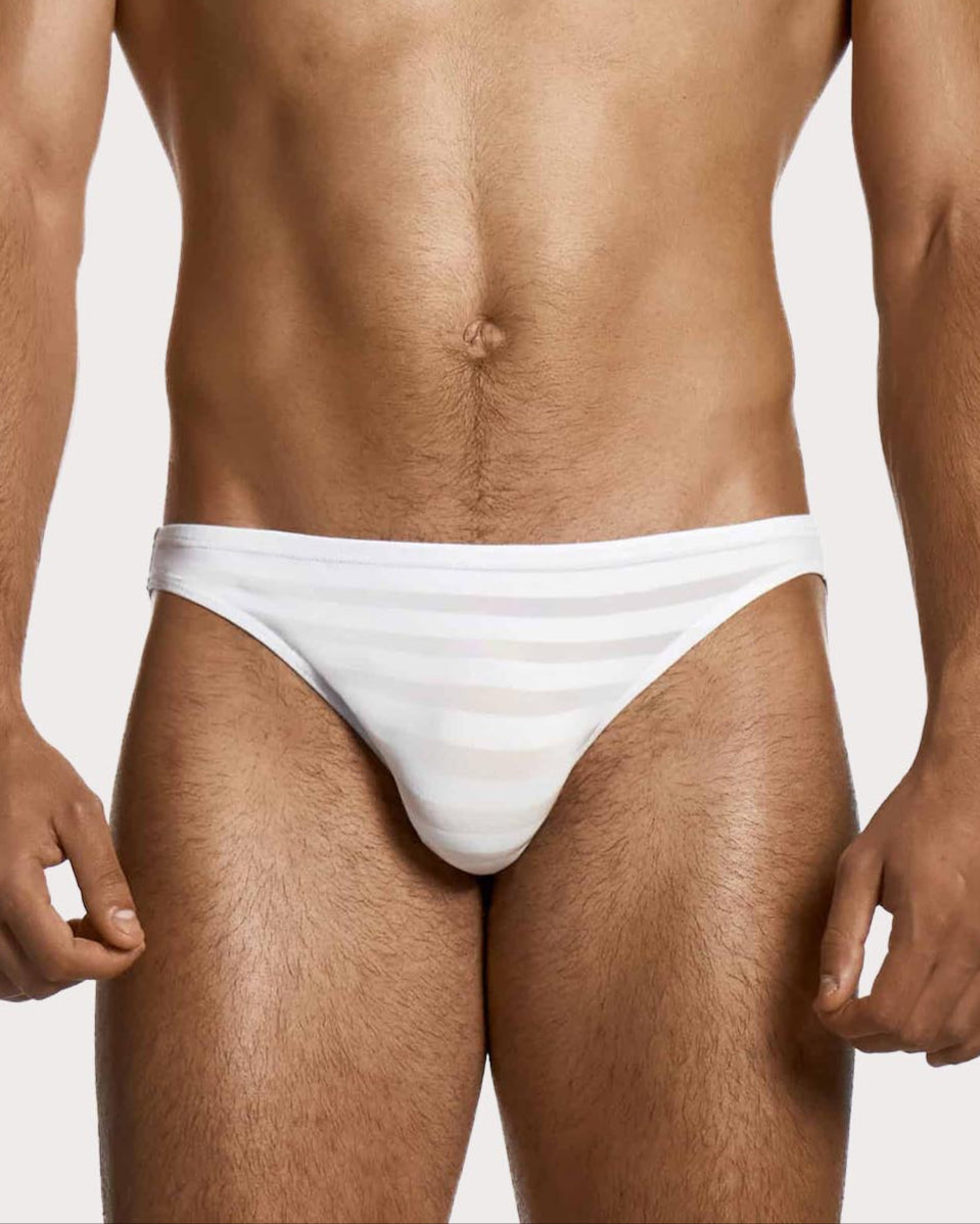 Modus Vivendi Athletic Low Cut Brief - Knapper Slip für Männer mit gestreiftem Muster in weiß, front