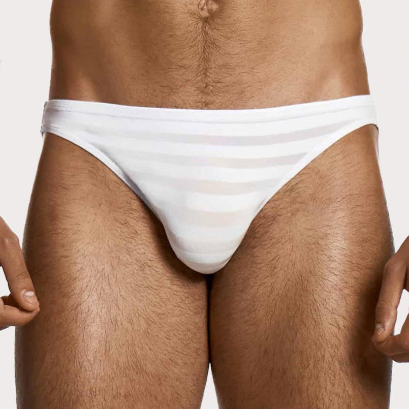 Modus Vivendi Athletic Low Cut Brief - Knapper Slip für Männer mit gestreiftem Muster in weiß, front