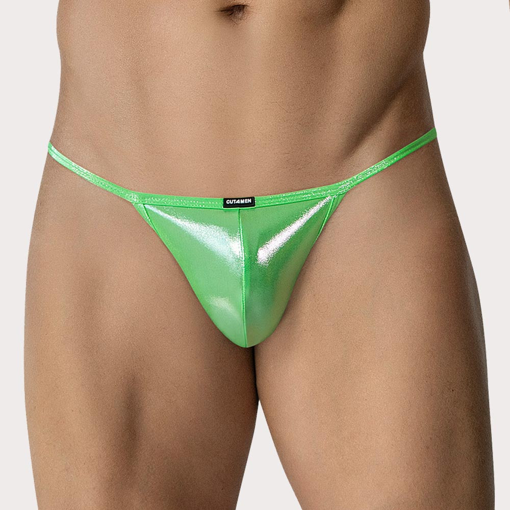 CUT4MEN CHROM4TIC Brief – Tanga-Slip im Low-Rise Fit mit glänzendem Metallic-Finish in grün, front