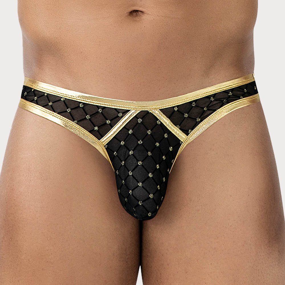 Cut4Men R4VAGE Support Thong - Durchsichtiger Männer String mit goldenen Akzenten und Rautenmuster