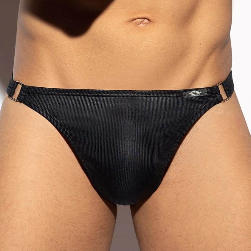 glänzender Herren String 'SHINY RIB THONG' von ES Collection in schwarz, Frontansicht