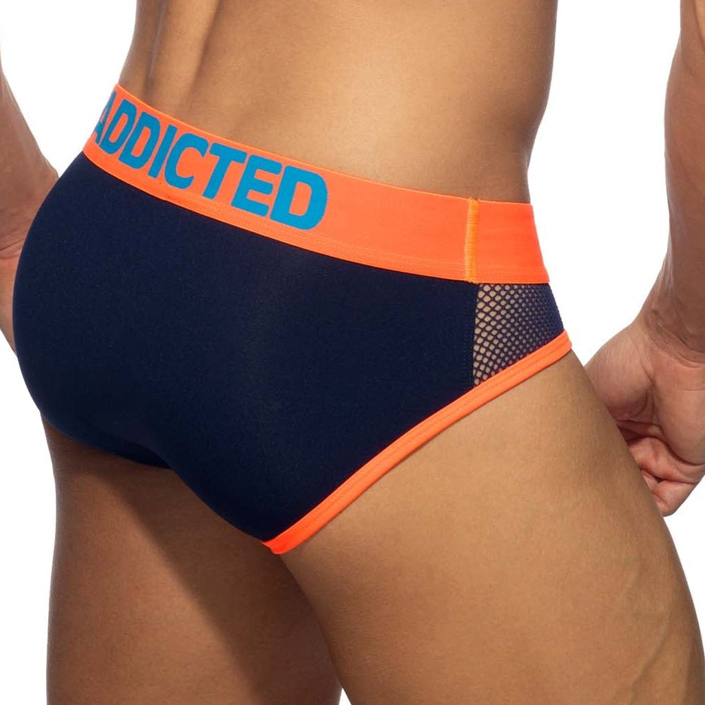 Addicted Neon Mesh Brief - auffälliger Männer Slip mit Mesh Elementen, navy-orange, back