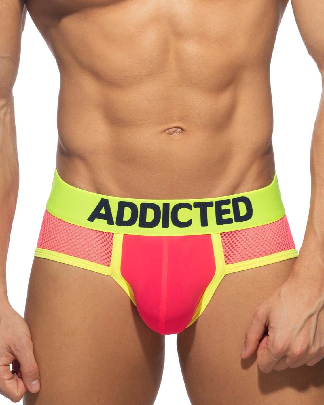 Addicted Neon Mesh Brief - auffälliger Männer Slip mit Mesh Elementen, neonpink-gelb, front