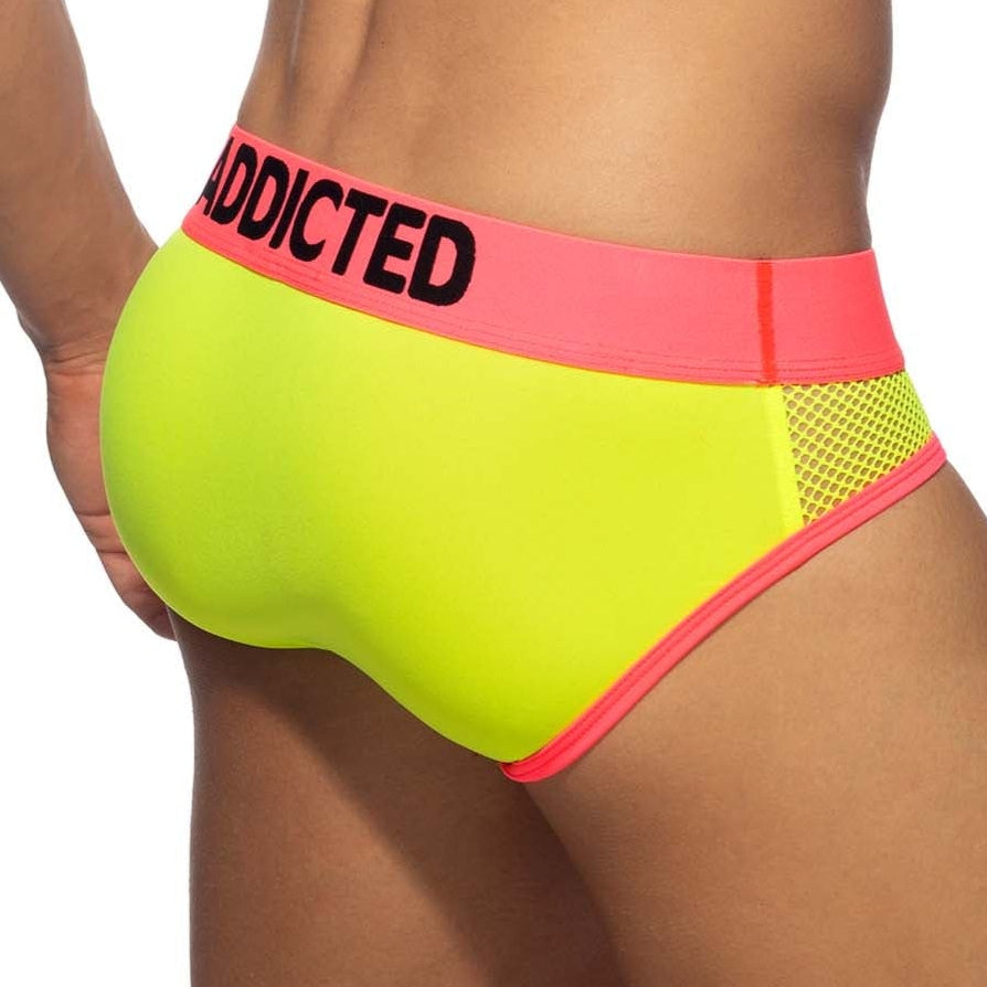 Addicted Neon Mesh Brief - auffälliger Männer Slip mit Mesh Elementen, neongelb, back