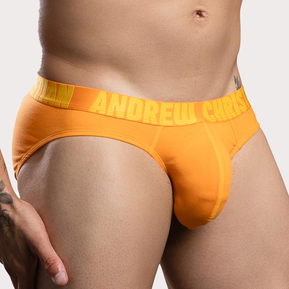 Andrew Christian Happy Cotton Brief - figurbetonter Männer Slip mit Almost Naked Pouch in orange, side