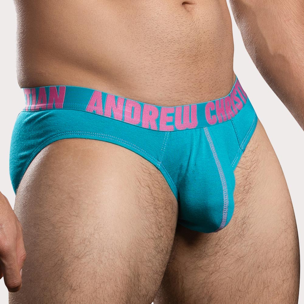 Andrew Christian Happy Cotton Brief - figurbetonter Slip mit Almost Naked Pouch in türkis, side
