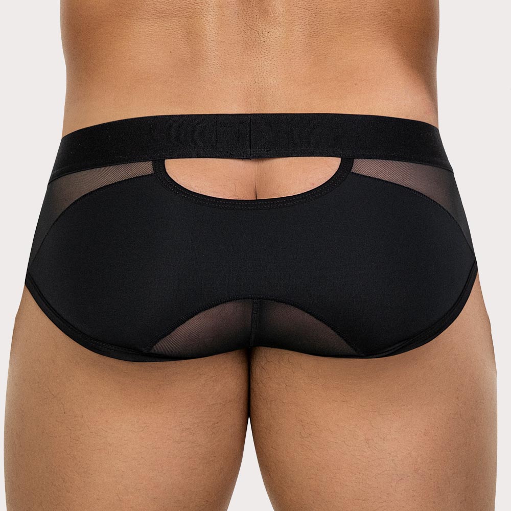 Clever Tanatos Brief - schwarzer Herren Slip aus Mikrofaser mit Mesh Einsätzen und Cut-Out an der Rückseite, back