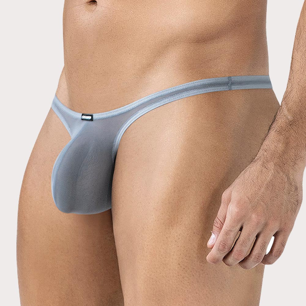 Cut4Men Sp4ndex Breeze Bulge Plus Mesh Thong  - knapper Männer String mit großzügigem Pouch aus durchsichtigem Material in grau