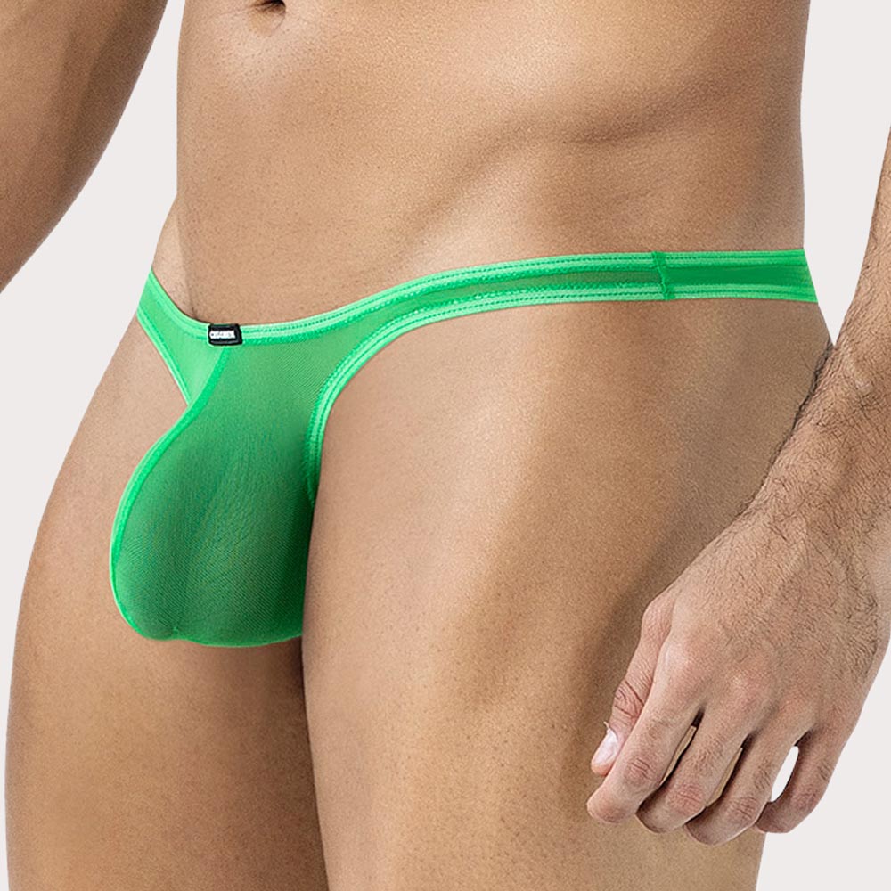 Cut4Men Sp4ndex Glow Bulge Plus Mesh Thong  - knapper Männer String mit großzügigem Pouch aus durchsichtigem Material in grün