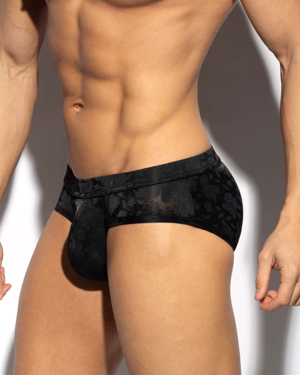 ES Collection See Through Flowers Brief - Sexy Herren Slip in schwarz mit floralem Design aus durchsichtigem Material, side
