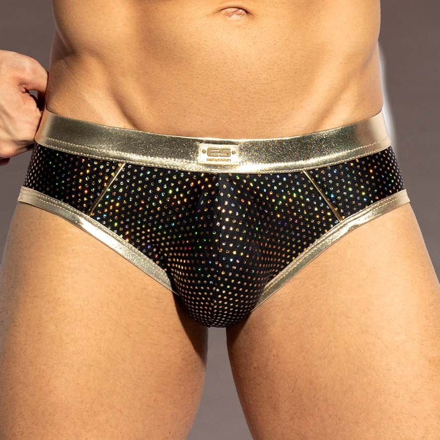 ES Collection Party Brief - Extravaganter Männer Slip mit auffälligem Glanzeffekt in gold u. silber, front