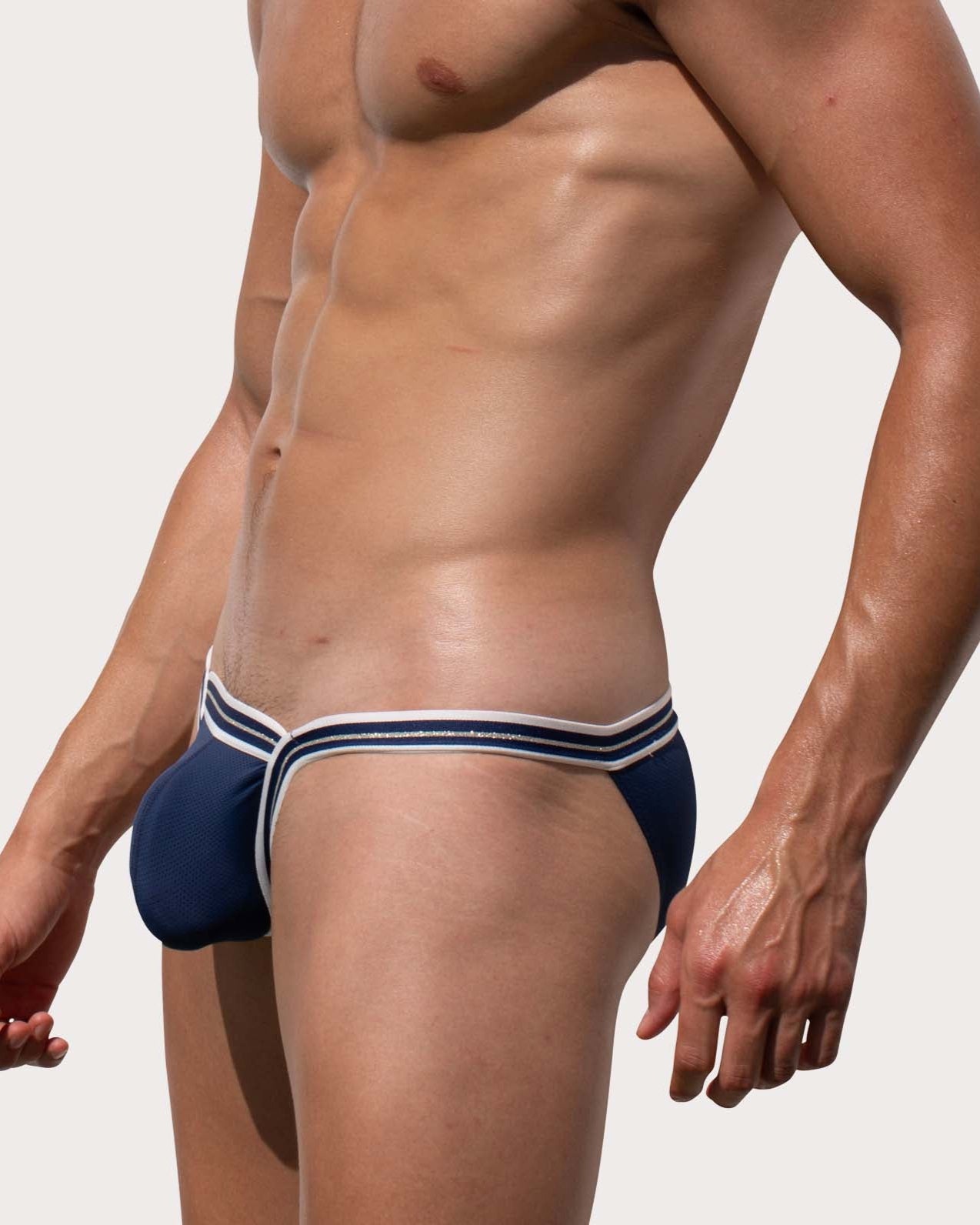 Marcuse Arose Tanga Brief - ultra knapper Low-Rise Mini Slip aus Mesh Stoff, navy, side