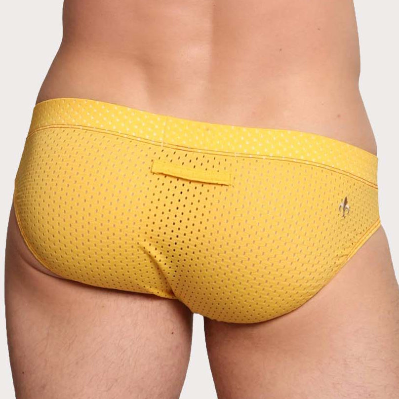 Marcuse Bussine Brief - Männer Slip aus atmungsaktivem Mesh mit herausnehmbarer Push-Up Einlage in gelb, back