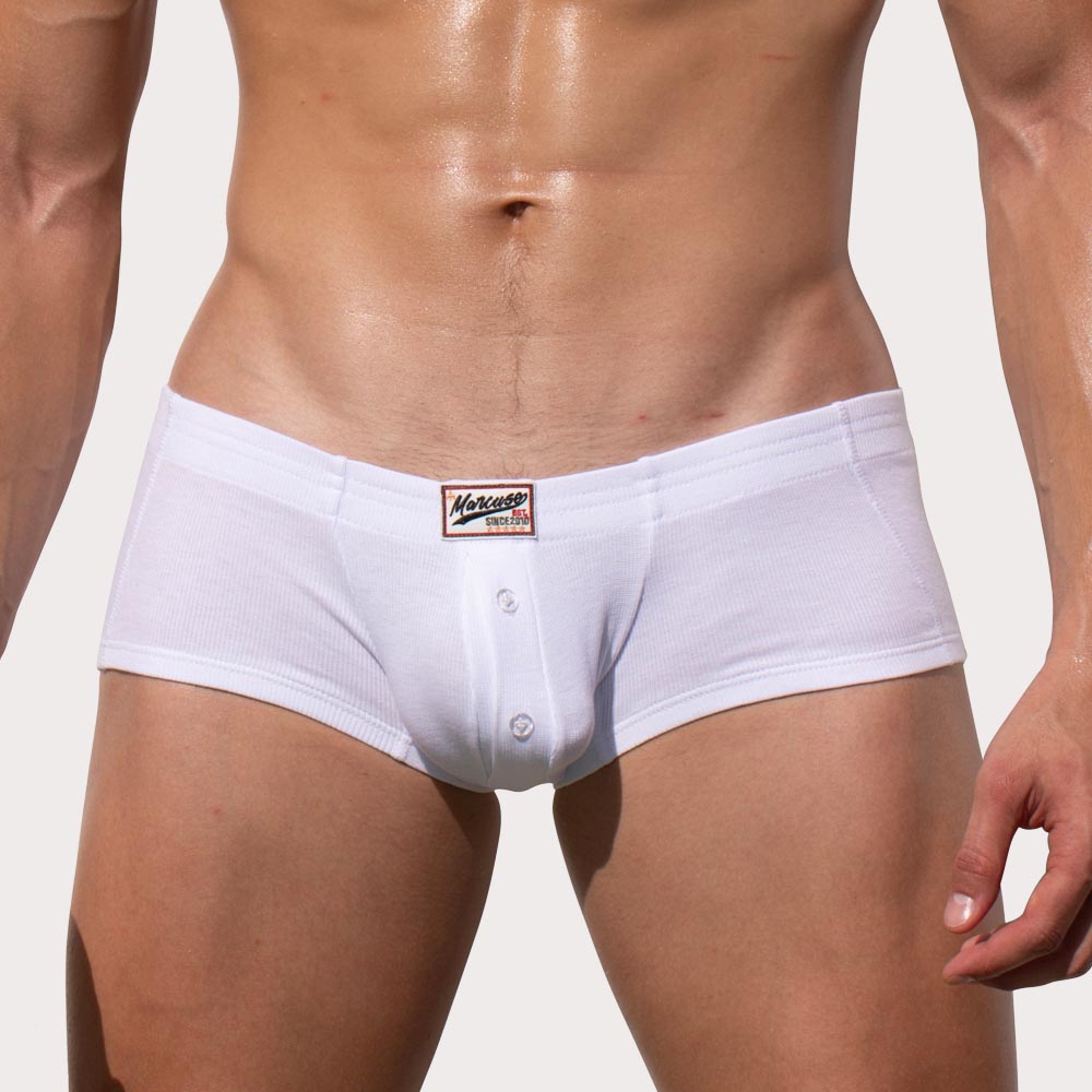 Marcuse Waterboy Boxer - sexy Low-Rise Mini Pants mit Knopf-Eingriff, weiß, front
