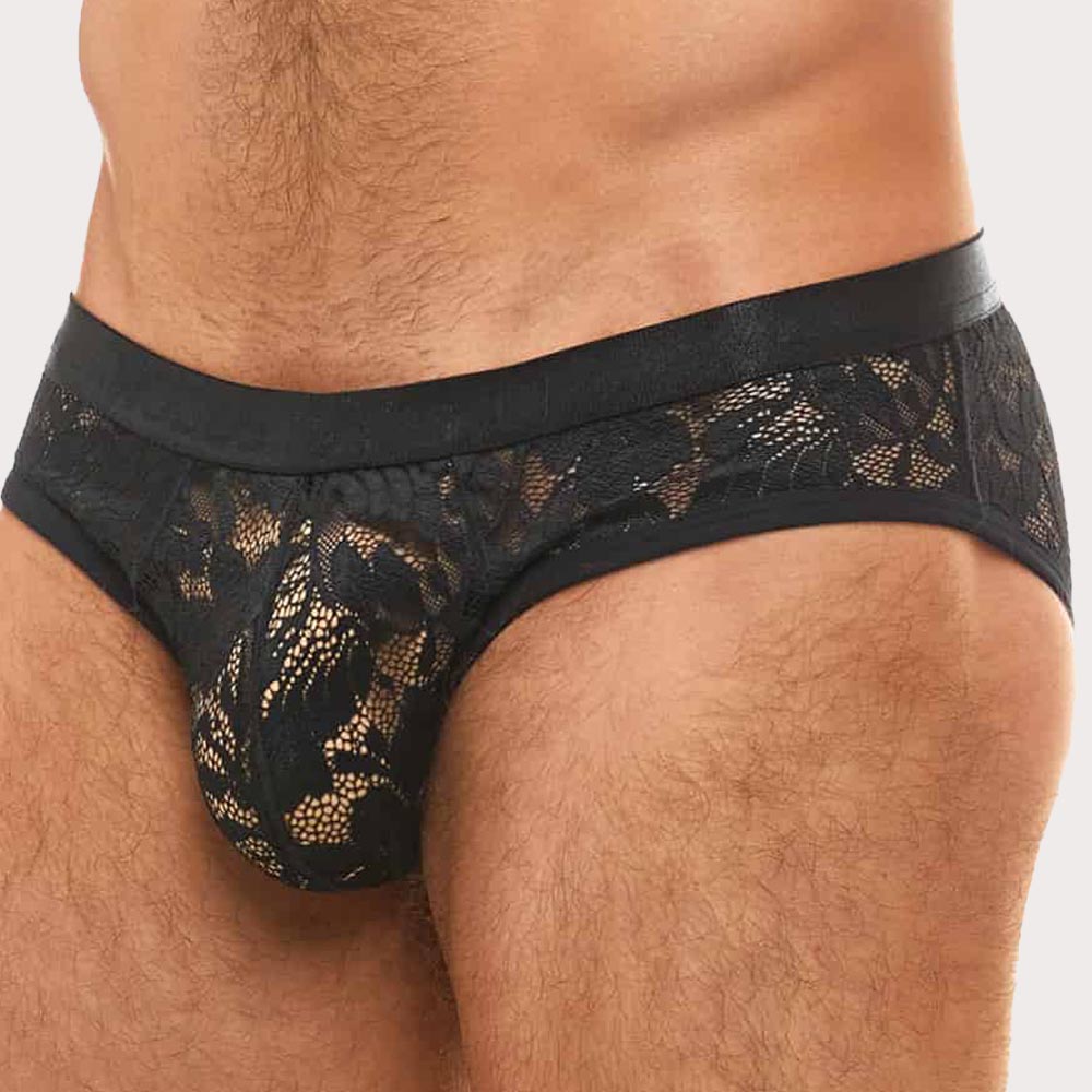 Modus Vivendi Floral Lace Brief - semi-transparenter Männer Slip aus Spitze mit floralem Muster in schwarz, side