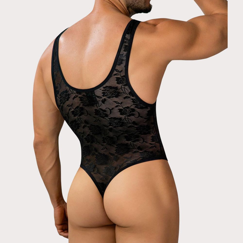 Cut4Men Lace Sculpt Thong Bodysuit - schwarzer Herren String-Bodysuit aus feiner Spitze mit Rosenmuster, back