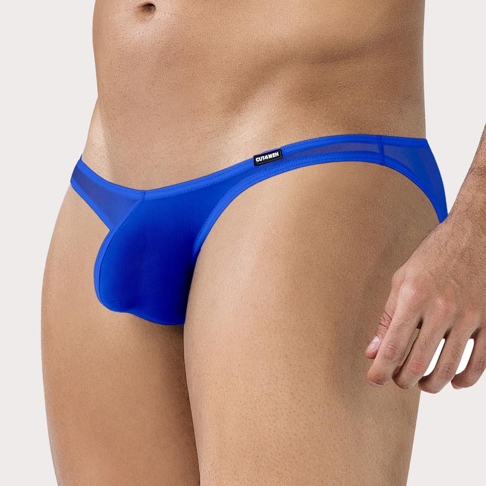 Cut4Men Low-Rise Bulge Mesh Brief - Ultraknapper Mini Slip für Herren aus durchsichtigem Material in electric blue