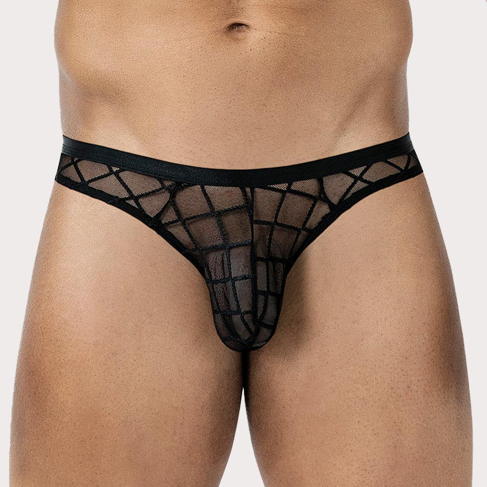 Cut4Men R4VAGE Black Web Sheer Thong - schwarzer String-Tanga für Männer aus durchsichtigem Mesh mit Webmuster