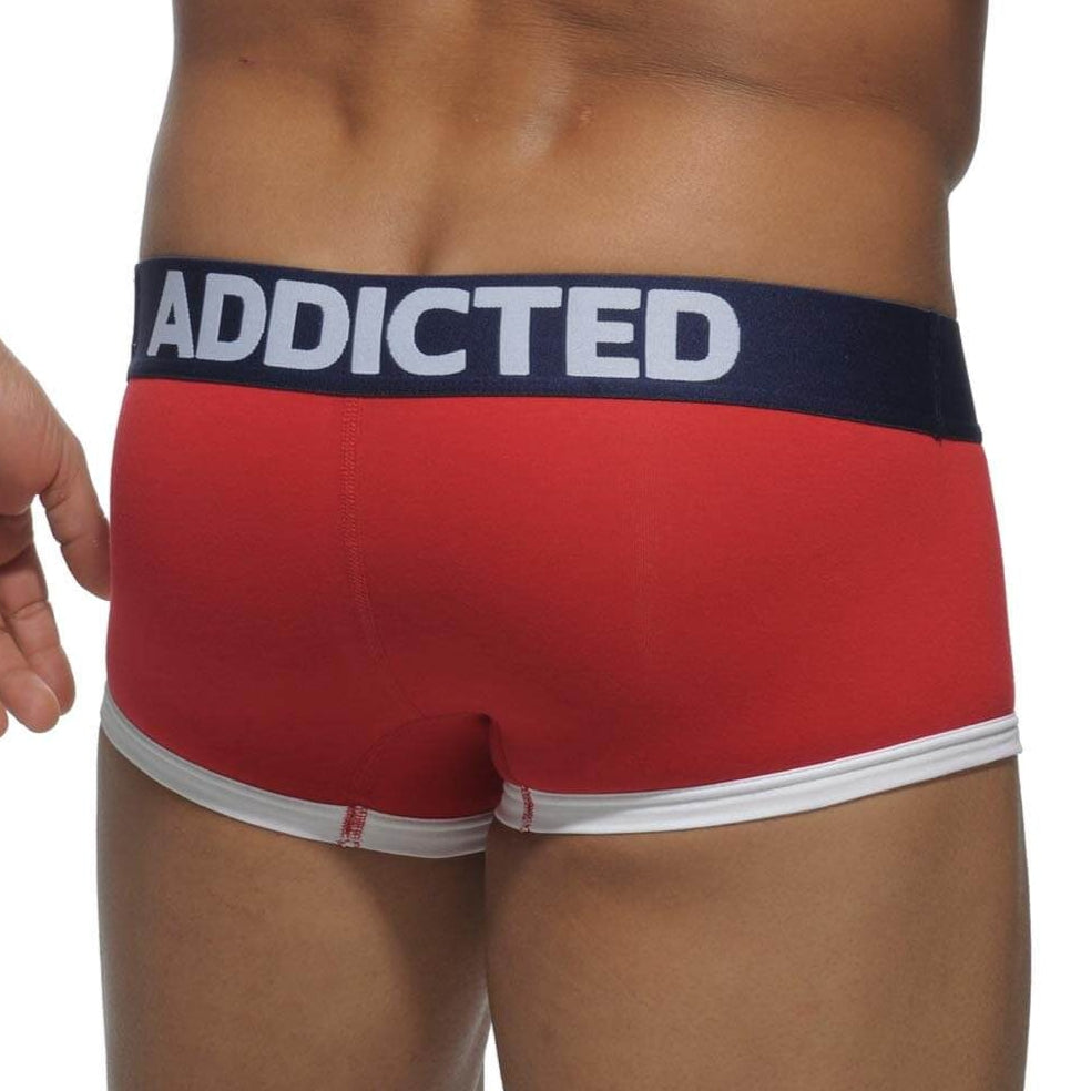 rote Basic Boxershorts von Addicted Underwear mit blauem Bund, Rückansicht