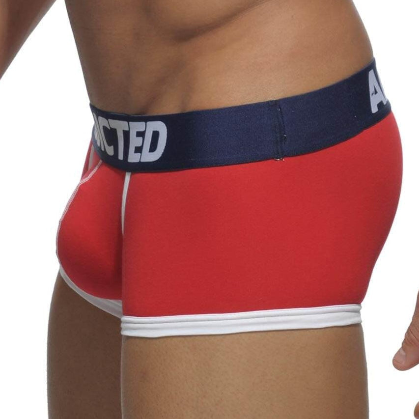 rote Basic Boxershorts von Addicted Underwear mit blauem Bund, Seitenansicht
